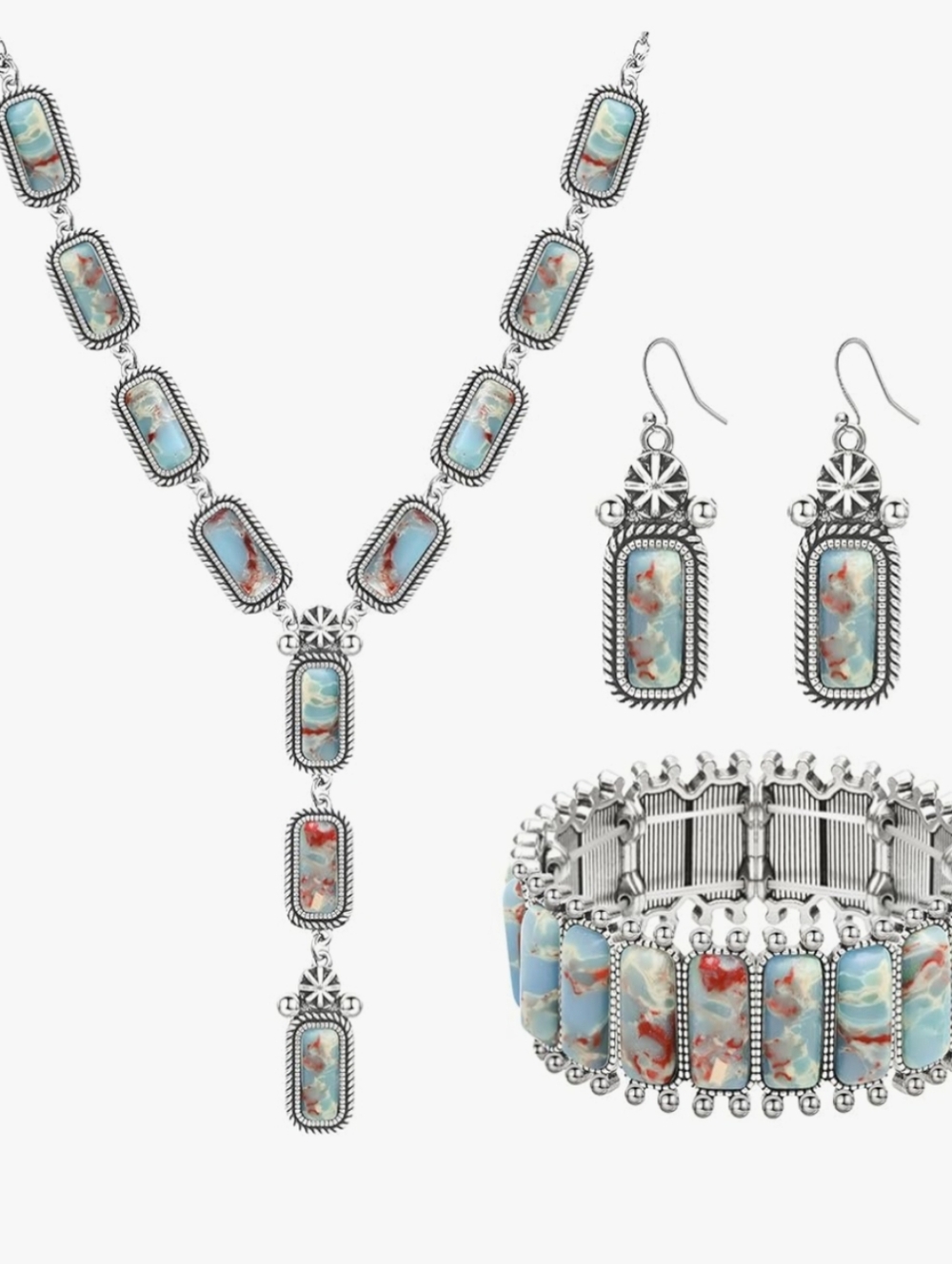 Macy's Silver-Tone Turquoise & Coral Patterned Necklace, Bracelet & Earrings Set